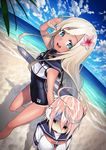  :d ahoge beach blonde_hair blue_eyes character_name cloud day dragging dutch_angle empty_eyes fisheye flower giving_up_the_ghost hair_flower hair_ornament horizon i-58_(kantai_collection) kantai_collection kyon_(fuuran) leg_up long_hair looking_at_viewer multiple_girls ocean one-piece_swimsuit open_mouth outdoors pale_eye ro-500_(kantai_collection) sailor_collar salute school_swimsuit school_uniform serafuku short_hair sky smile standing standing_on_one_leg swimsuit swimsuit_under_clothes tan tanline torpedo turn_pale vignetting water 
