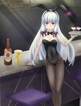  alcohol animal_ears bad_id bad_pixiv_id beer bottle bow bowtie brown_eyes bunny_ears bunnysuit covered_navel detached_collar highres kantai_collection long_hair murakumo_(kantai_collection) pantyhose parts_(missing1919) silver_hair tray wrist_cuffs 