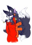 black_fur black_hair blush canine clothing female fox fur hair japanese_clothing kemono long_hair mammal red_eyes ukan_muri 