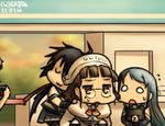  :3 aoba_(kantai_collection) black_hair blue_hair carrying dated glasses hamu_koutarou kako_(kantai_collection) kantai_collection light_brown_eyes light_brown_hair multiple_girls o_o piggyback pince-nez remodel_(kantai_collection) roma_(kantai_collection) samidare_(kantai_collection) stuffed_animal stuffed_toy teddy_bear teruyof translated 