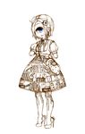  1girl amputee bare_legs blue_eyes book bow cyclops dress eyeball frog hair_ornament hantoumei_namako high_heels monochrome no_arms one-eyed parted_bangs shoes short_hair shoulder_bag simple_background smile solo white_background 