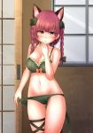  1girl :3 adworse animal_ears bare_arms bare_shoulders blush bow bra braid breasts cat_ears cat_tail cleavage cowboy_shot gluteal_fold green_bow green_bra green_panties groin hair_bow hand_up highres kaenbyou_rin large_breasts long_hair navel panties panty_pull pulled_by_self red_eyes red_hair smile solo stomach tail thigh_gap touhou twin_braids underwear underwear_only 