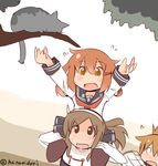  anchor_symbol ashigara_(kantai_collection) brown_eyes brown_hair carrying cat fang hair_ornament hairband hairclip hanomido highres ikazuchi_(kantai_collection) inazuma_(kantai_collection) kantai_collection multiple_girls open_mouth outstretched_arms school_uniform serafuku short_hair shoulder_carry tree twitter_username worried 