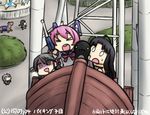  &gt;_&lt; 5girls @_@ aoba_(kantai_collection) arm_cannon black_hair carousel closed_eyes dated hamu_koutarou haruna_(kantai_collection) headgear horse kantai_collection kitakami_(kantai_collection) multiple_girls nenohi_(kantai_collection) open_mouth pink_hair psychogun shaded_face shouhou_(kantai_collection) space_adventure_cobra translated weapon 