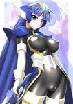 1girl armor blue_eyes blue_hair breasts cameltoe cape erect_nipples female gloves highres large_breasts legs long_hair looking_at_viewer magic_knight_rayearth ryuuzaki_umi sakura_ryuuken shoulder_pads simple_background skin_tight smile solo standing sword thighs weapon 