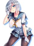  blush breasts brown_legwear chestnut_mouth covered_nipples cowboy_shot gloves hair_ornament hair_over_one_eye hairclip hamakaze_(kantai_collection) highres kantai_collection large_breasts leaning_forward looking_at_viewer no_bra pantyhose school_uniform see-through serafuku short_hair short_sleeves silver_hair simple_background skirt solo sweat tsukumiya_amane wet wet_clothes white_background white_gloves 