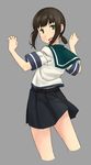  :d akitetsu bad_id bad_twitter_id black_skirt brown_hair cropped_legs from_behind fubuki_(kantai_collection) green_eyes grey_background highres kantai_collection looking_back open_mouth parody pleated_skirt school_uniform serafuku short_hair short_ponytail short_sleeves simple_background skirt smile solo style_parody 