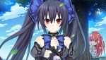  2girls bare_shoulders black_hair blue_ribbon bow bowtie chou_megami_shinkou_noire_gekishin_black_heart cloud company_name day detached_sleeves game_cg hair_ornament hair_ribbon heart heart_hair_ornament hiding leaf looking_at_viewer multiple_girls neptune_(series) noire non-web_source number official_art one_side_up outdoors peeking_out pink_eyes pink_hair ponytail red_eyes red_hair ribbon saori_(chou_megami_shinkou_noire_gekishin_black_heart) shirt short_sleeves sky tree tsunako twintails watermark wind 