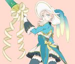  1girl alisha_(tales) alisha_diphda aqua_eyes breasts brown_hair earrings frills gloves hat jacket jewelry long_hair open_mouth pink_background princess ribbon simple_background skirt spear tales_of_(series) tales_of_zestiria thighhighs weapon 