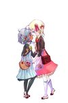  2girls ahoge bag blonde_hair blue_eyes blush bow brown_eyes child dark_skin dress grey_hair hairband hantoumei_namako multiple_girls open_mouth pale_skin ribbon shoes short_hair shoulder_bag simple_background socks tug twintails uwabaki white_background yuri 