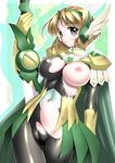  1girl areolae armor blonde_hair blush breasts cameltoe cape female glasses gloves green_eyes highres hououji_fuu large_breasts legs looking_at_viewer magic_knight_rayearth navel nipples no_panties sakura_ryuuken short_hair shoulder_pads simple_background skin_tight solo standing sword thighs torn_clothes weapon 