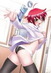  1girl angry antenna_hair ass bathroom black_legwear black_panties blush breasts covering embarrassed female highres large_breasts legs long_sleeves looking_at_viewer lyrical_nanoha mahou_shoujo_lyrical_nanoha mahou_shoujo_lyrical_nanoha_strikers mahou_shoujo_lyrical_nanoha_vivid mirror motion_blur nove_(nanoha) numbers_(nanoha) open_clothes open_mouth panties red_hair sakura_ryuuken short_hair sideboob solo standing thighs throwing underwear yellow_eyes 