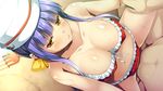  1girl bikini breasts cleavage frilled_bikini frills game_cg hat kantaka large_breasts looking_away maou_no_kuse_ni_namaiki_da! maou_no_kuse_ni_namaiki_da!_2_~kondo_wa_seisen_da!~ meishao_shii_kaoryanchuu plaid plaid_bikini pout pov purple_hair sidelocks sitting sweat swimsuit wet 