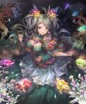  1girl :o antenna_hair artist_request breasts cleavage crystal de_la_fille gem gloves granblue_fantasy green_eyes green_hair hair_ornament hands jewelry large_breasts long_hair looking_at_viewer looking_up multicolored_hair navel official_art open_mouth shadowverse shiny shiny_hair solo sparkle standing tagme twintails 