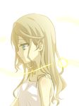  1girl alisha_(tales) alisha_diphda bare_shoulders blue_eyes breasts brown_hair dress long_hair simple_background smile tales_of_(series) tales_of_zestiria 