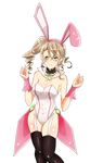  1girl alisha_(tales) alisha_diphda animal_ears aqua_eyes bare_shoulders blush breasts brown_hair bunny_ears bunny_girl bunnysuit cameltoe choker cleavage long_hair ribbon side_ponytail simple_background smile tales_of_(series) tales_of_zestiria thighhighs 