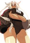  alternate_costume blonde_hair breast_hold breasts crossed_arms dark_skin from_below glasses hair_between_eyes highres jacket jacket_on_shoulders kantai_collection large_breasts looking_at_viewer looking_down musashi_(kantai_collection) one-piece_swimsuit open_clothes open_jacket pointy_hair red_eyes school_swimsuit semi-rimless_eyewear short_hair solo swimsuit takamura_wamu track_jacket 