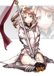  1girl alisha_(tales) alisha_diphda aqua_eyes armor belt boots breasts brown_hair drill_hair gloves hair_ornament lips long_hair open_mouth ribbon side_ponytail spear tales_of_(series) tales_of_zestiria thighhighs weapon zoom_layer 