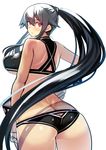  alternate_costume arm_at_side ass black_hair breasts competition_swimsuit from_behind gloves hair_between_eyes hand_on_hip highres kantai_collection large_breasts light_smile long_hair looking_at_viewer looking_back midriff one-piece_swimsuit ponytail sidelocks smile solo swimsuit takamura_wamu tan tanline underboob very_long_hair white_gloves yahagi_(kantai_collection) 