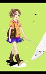  1girl blue_eyes border brown_hair child collarbone green_background hantoumei_namako open_mouth parted_bangs ponytail rubber_boots scrunchie short_sleeves shoulder_bag side_ponytail simple_background skirt smile solo umbrella 