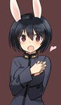  :o animal_ears black_hair brave_witches bunny_ears hair_between_eyes hands_clasped heart interlocked_fingers long_sleeves looking_at_viewer lowres military military_uniform open_mouth own_hands_together purple_background red_eyes shimada_fumikane shimohara_sadako short_hair simple_background solo uniform upper_body world_witches_series 