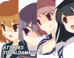  :o :p :| ahoge akebono_(kantai_collection) bandaid bandaid_on_face black_hair breasts close-up closed_mouth cut-in disgaea disgaea_team_attack face fang kantai_collection large_breasts long_hair looking_to_the_side multiple_girls oboro_(kantai_collection) open_mouth orange_eyes orange_hair parody pink_eyes pink_hair portrait purple_eyes purple_hair sazanami_(kantai_collection) school_uniform serafuku short_hair simple_background smile text_focus tongue tongue_out upper_body ushio_(kantai_collection) v-shaped_eyebrows wamu_(chartreuse) white_background 