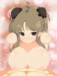  1girl areolae black_eyes blush breasts brown_hair censored cum cum_on_body cum_on_breasts cum_on_upper_body double_bun highres huge_breasts joutarou long_hair looking_at_viewer mosaic_censoring nipples nude open_mouth paizuri penis renka_(senran_kagura) senran_kagura shiny shiny_skin simple_background solo_focus 