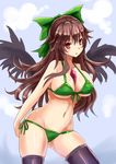  bikini bird_wings black_legwear black_wings blue_sky bow breasts brown_eyes brown_hair cloud day green_bikini hair_bow large_breasts long_hair navel reiuji_utsuho side-tie_bikini sky solo sumapan swimsuit thighhighs third_eye touhou underboob very_long_hair wings 