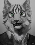  2015 coat feline green_eyes hybrid looking_at_viewer male mammal monochrome oouna solo tiger whiskers yrvel_(uchoa) 