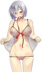  babydoll blue_eyes blush breasts cameltoe collarbone covered_nipples hair_ornament hairclip hamakaze_(kantai_collection) kantai_collection large_breasts lingerie looking_at_viewer mouth_hold navel puffy_nipples ribbon see-through short_hair silver_hair simple_background solo tomohiro_kai underwear white_background 
