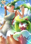  1girl alolan_exeggutor artist_request blush breasts creatures_(company) dark_skin erect_nipples flower game_freak gen_7_pokemon grass green_eyes green_hair hair_flower hair_ornament large_breasts long_hair mao_(pokemon) nintendo open_mouth overalls poke_ball pokemon pokemon_(anime) pokemon_(creature) pokemon_(game) pokemon_sm trial_captain tsareena twintails 