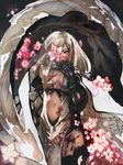  blood blood_on_breasts blood_on_face bloody_clothes breasts cleavage dark_skin drag-on_dragoon drag-on_dragoon_3 flower flower_eyepatch gauntlets highres kohiu long_hair looking_at_viewer navel red_eyes small_breasts solo white_hair zero_(drag-on_dragoon) 