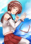  bare_shoulders brown_eyes brown_hair cloud day detached_sleeves glasses hairband highres japanese_clothes kamelie kantai_collection looking_at_viewer lying miko natori_(kantai_collection) on_side open_mouth pleated_skirt reflection ribbon school_uniform serafuku short_hair skirt sky smile solo thighhighs water white_hairband white_legwear 