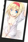  alice_margatroid blonde_hair blue_eyes blush bottomless breasts cellphone hairband hood hoodie medium_breasts naked_hoodie nipples nirap no_bra no_pants open_clothes open_shirt phone reaching_out self_shot shirt short_hair smartphone smile solo touhou 