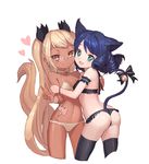  animal_ears ass bell black_hair bow bra brown_eyes brown_hair cat_ears cheek-to-cheek curly_hair cyan_(show_by_rock!!) dark_skin dog_tail fang flat_chest glasses green_eyes highres hug jingle_bell mio-muo1206 multiple_girls navel retoree ribbon short_hair show_by_rock!! smile tail tail_bell tail_bow thighhighs twintails underwear underwear_only v 