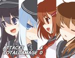  &gt;:) :d akatsuki_(kantai_collection) anchor anchor_symbol black_hair blue_eyes brown_hair close-up closed_eyes cut-in disgaea disgaea_team_attack face fang hair_ornament hairclip hat hibiki_(kantai_collection) ikazuchi_(kantai_collection) inazuma_(kantai_collection) kantai_collection long_hair looking_to_the_side multiple_girls open_mouth parody portrait school_uniform serafuku short_hair simple_background smile text_focus upper_body v-shaped_eyebrows wamu_(chartreuse) white_background white_hair 