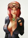  artist_name bad_id bad_pixiv_id blue_eyes bodysuit breasts cleavage covered_nipples fingerless_gloves gloves goggles goggles_on_head half_gloves highres jewelry large_breasts one3four! open_clothes original pendant red_hair signature solo upper_body 
