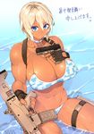  23_(real_xxiii) abs assault_rifle bikini black_gloves blonde_hair blue_bikini blue_eyes blush boots breasts bushmaster_acr choker cleavage collarbone covered_nipples cross dark-skinned_girl_(23) fingerless_gloves gloves gun handgun highres holding holding_gun holding_weapon holster huge_breasts jewelry original pistol rifle ring short_hair smile solo swimsuit thigh_holster toned trigger_discipline walther walther_p99 weapon wedding_band 