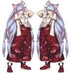  alternate_hairstyle bandages bangs boots bow breasts cleavage dual_persona fujiwara_no_mokou full_body gengoroumaru_(ambidextrous) hair_bow hair_ornament hair_over_eyes hair_over_one_eye hair_ribbon hand_in_pocket long_hair long_sleeves looking_at_viewer medium_breasts multiple_girls pants puffy_sleeves red_eyes ribbon shirt simple_background socks touhou very_long_hair white_background white_legwear 