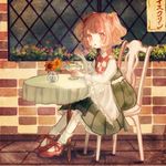  bell blush brick_wall chair checkered eating flower food full_body hair_bell hair_ornament hakama_skirt ice_cream long_sleeves looking_at_viewer mary_janes meiji_schoolgirl_uniform motoori_kosuzu open_mouth orange_hair outdoors pleated_skirt red_eyes see-through shoes sitting skirt socks solo spoon stack_bond sundae table tablecloth touhou two_side_up vase vest wafer white_legwear wide_sleeves window yujup 