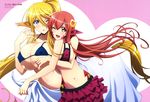  ;d absurdres animal_ears blonde_hair blue_eyes blush breasts brown_eyes centaur centorea_shianus cleavage covered_nipples fang highres horse_ears huge_breasts long_hair miia_(monster_musume) monster_girl monster_musume_no_iru_nichijou multiple_girls non-web_source official_art one_eye_closed open_mouth pointy_ears red_hair saitou_chie scales smile suzuki_yasuyuki 