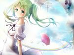  dress floating_hair green_eyes green_hair hatsune_miku long_hair looking_at_viewer maronie. rain rainbow reflection twintails umbrella vocaloid 