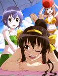  absurdres asahina_mikuru ball bangs beachball bikini breasts brown_eyes brown_hair cleavage cloud day feet glasses hair_ribbon highres large_breasts long_hair lying multiple_girls nagato_yuki nagato_yuki-chan_no_shoushitsu non-web_source official_art on_stomach one_eye_closed parasol ponytail purple_hair ribbon short_hair sky suzumiya_haruhi suzumiya_haruhi_no_shoushitsu suzumiya_haruhi_no_yuuutsu swimsuit teeth umbrella 