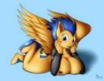  2015 anthro anthrofied areola big_breasts blue_background blue_eyes blue_hair breasts clothing crossgender cutie_mark equestria_girls equine female flash_sentry_(eg) hair hi_res looking_at_viewer lying mammal my_little_pony on_front pegasus plain_background solo suirano wings 