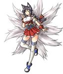  ahri alternate_costume animal_ears bare_shoulders black_hair breasts cosplay fox_ears fox_tail full_body korean_clothes large_breasts league_of_legends long_hair looking_at_viewer multiple_tails semi_(ebs) simple_background solo tail white_background yellow_eyes 