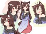  :d ^_^ animal_ears brown_hair character_sheet closed_eyes dress fang flying_sweatdrops frilled_sleeves frills imaizumi_kagerou jewelry long_hair md5_mismatch natsu_no_koucha neckerchief off_shoulder open_mouth red_eyes smile tail tears touhou wolf_ears wolf_tail 