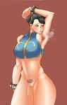  alternate_costume arm_up armpit_hair armpits black_hair blush bottomless breasts brown_eyes chun-li covered_nipples cowboy_shot double_bun eyeliner gold_steel hair_ribbon large_breasts makeup pussy ribbon short_hair smell smelling_armpit solo street_fighter street_fighter_zero_(series) studded_bracelet sweat thick_thighs thighs uncensored 