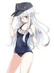  blue_eyes hat hibiki_(kantai_collection) kantai_collection long_hair motohara_moka name_tag old_school_swimsuit one-piece_swimsuit polka_dot polka_dot_scrunchie school_swimsuit scrunchie silver_hair solo swimsuit wrist_scrunchie 