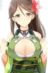  amagi_(kantai_collection) bad_id bad_twitter_id bare_shoulders breasts brown_eyes brown_hair cleavage_cutout colored_eyelashes flower furisode hair_between_eyes hair_flower hair_ornament japanese_clothes kanden_suki kantai_collection kimono large_breasts light_smile long_hair looking_at_viewer mole mole_under_eye obi ponytail sash solo undressing 
