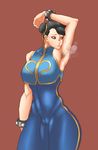  alternate_costume arm_up armpit_hair armpits black_hair breasts brown_eyes cameltoe chun-li covered_nipples cowboy_shot double_bun eyeliner gold_steel hair_ribbon large_breasts makeup ribbon short_hair smell smelling_armpit solo street_fighter street_fighter_zero_(series) studded_bracelet sweat thick_thighs thighs unitard 